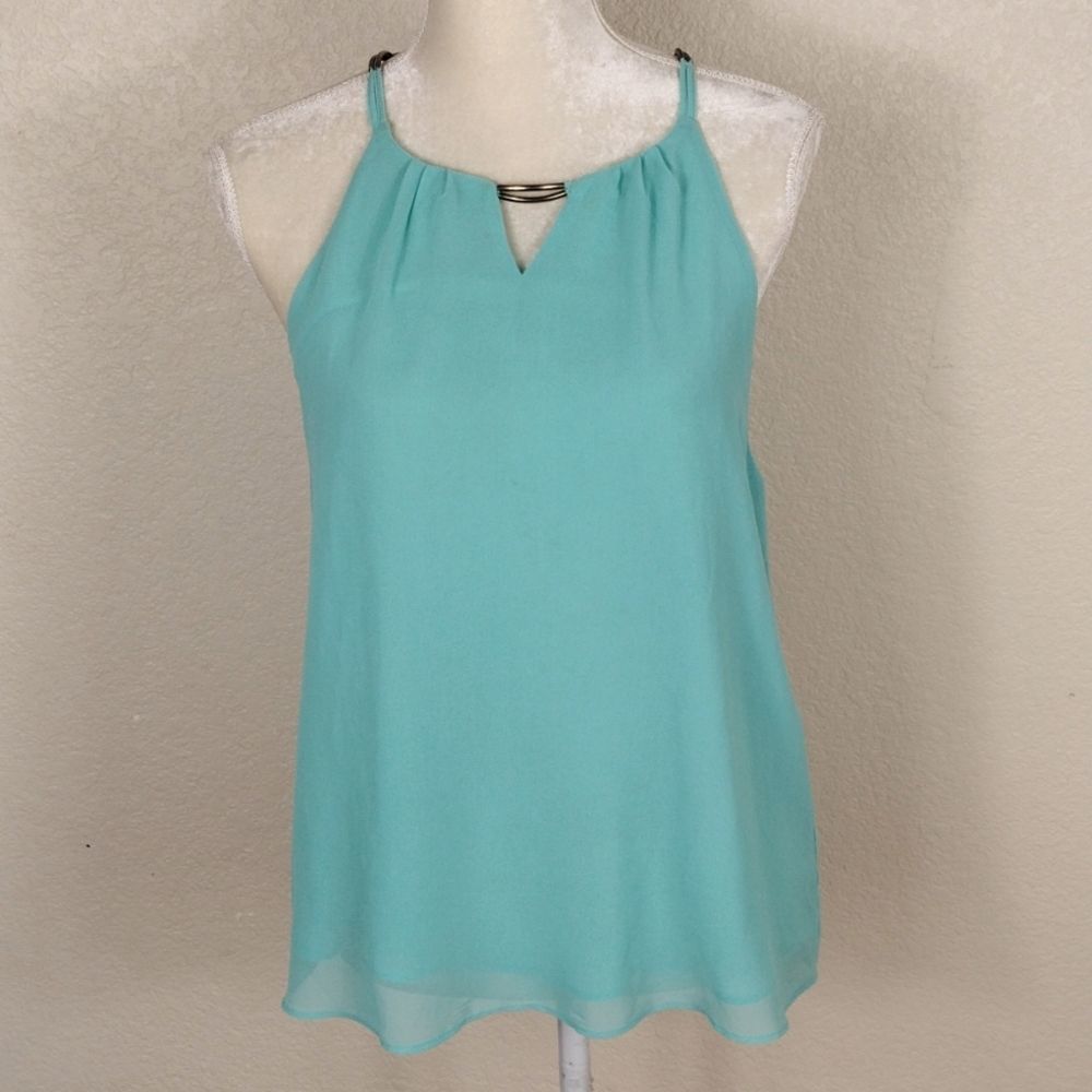 Elm 🌟4 For $15 Metal Decor Pleated Collar Sheer Turquoise Blouse Large